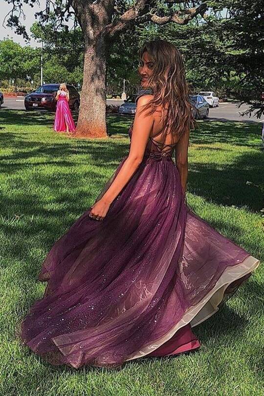 Vestido de fiesta largo de tul y apliques en forma de A